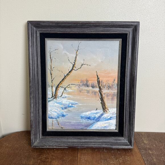 Vintage Original Painting Winter Pond Snow Scene 11 x 14 inch frame velvet mat - Picture 1 of 7